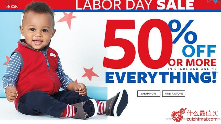 Carter's 官网9月优惠码 全场商品5折特卖+额外7.5折