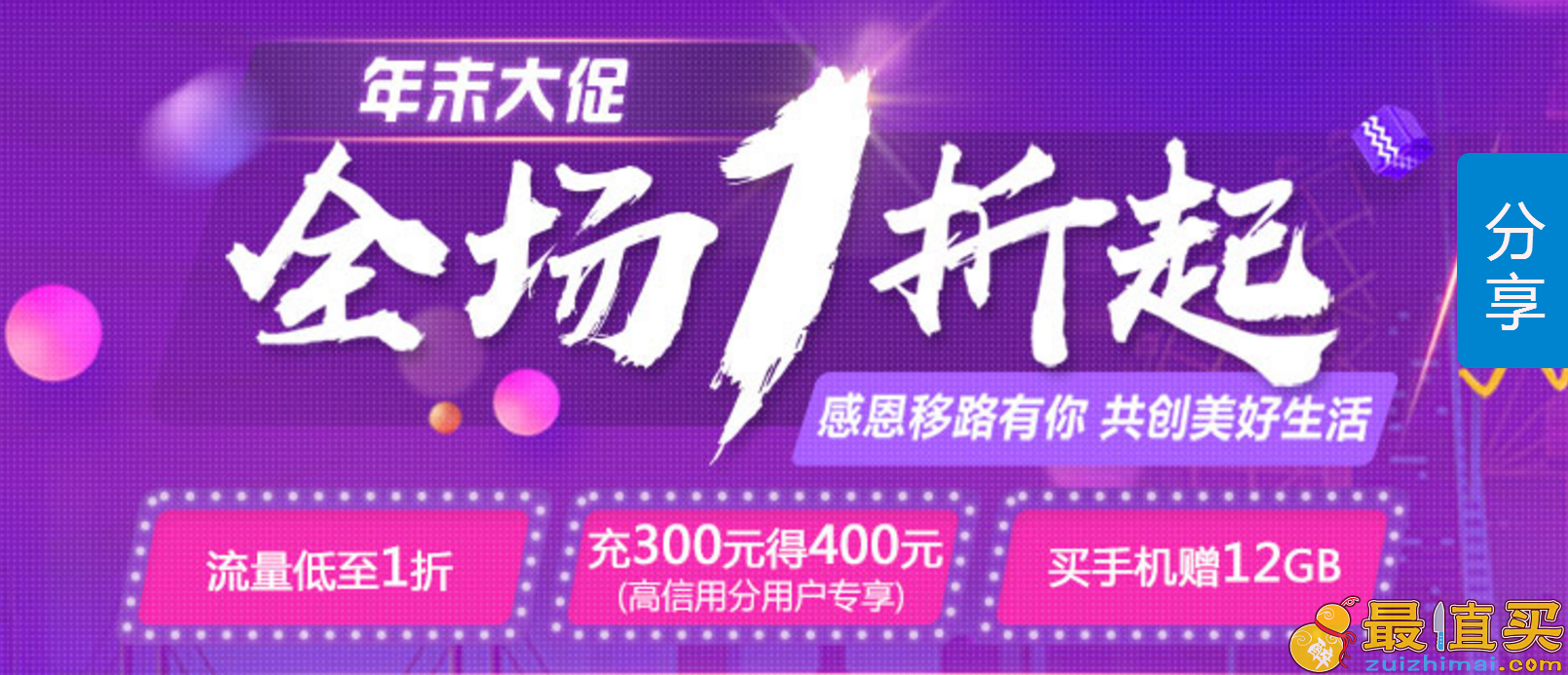 中国移动 年末大促 充300得400 充值多送20% 流量1折起-图片1