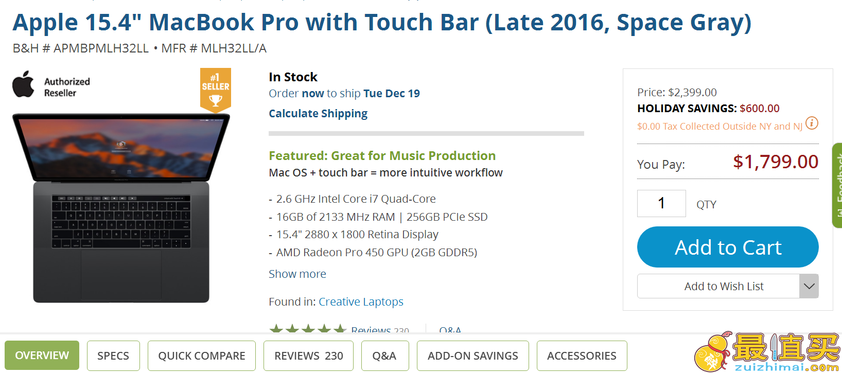 Apple 苹果 15.4 MacBook Pro with Touch Bar（i7、16G、256G）99（约11916.58元）-图片1