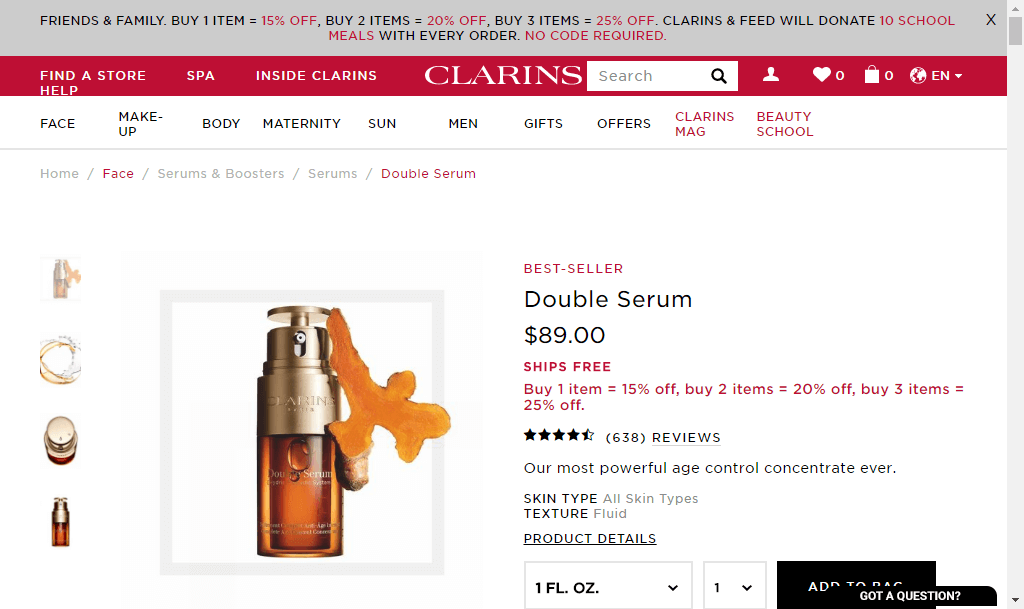 Clarins官网优惠码2018 新款双效精华热卖 低至75折 现价$66.75