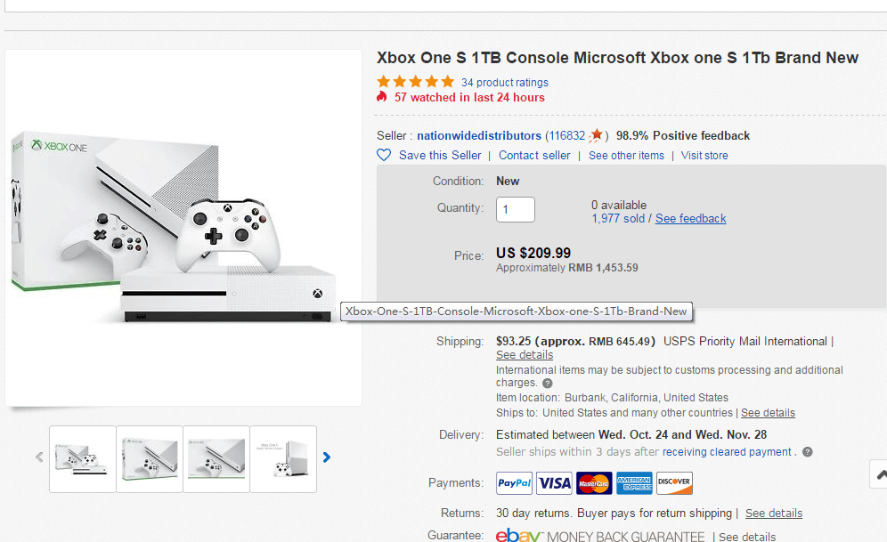 ebay优惠码2018 Xbox One S 1TB Console体感游戏机售价9.99