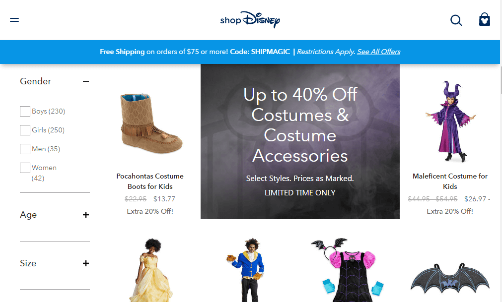 shopDisney官网优惠码2018 现有精选万圣节服装配饰低至6折 额外8折促销满额免邮