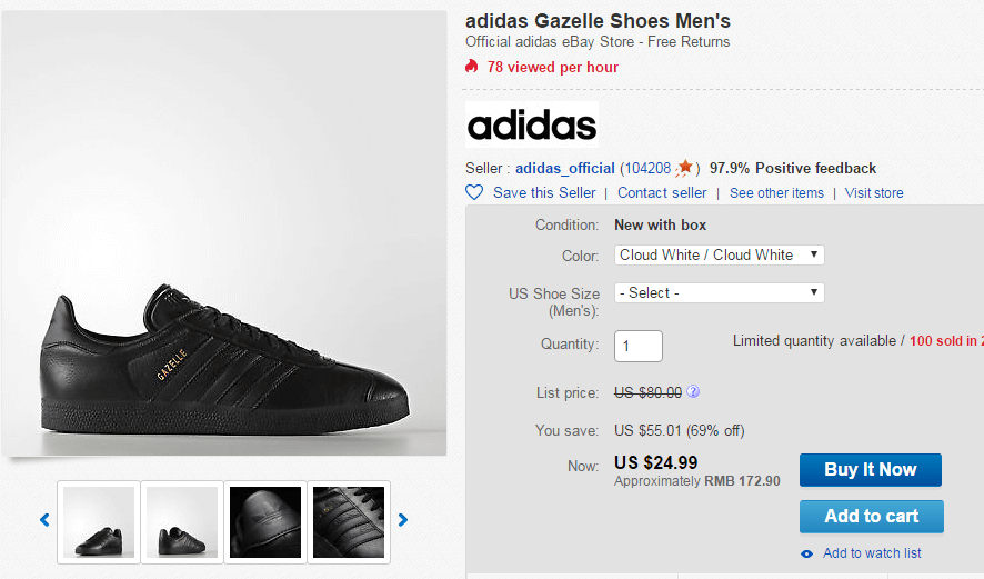 eBay优惠码2018 Adidas阿迪达斯Originals Gazelle男士休闲运动鞋3.1折$24.99