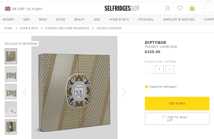 selfridges官网折扣码2018 Diptyque2018圣诞日历直邮港澳2750港币（约2429元）-图片1