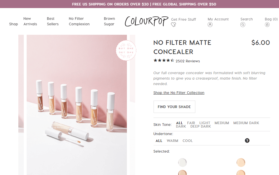 Colourpop优惠码2018 遮瑕买一送一 满直邮大陆