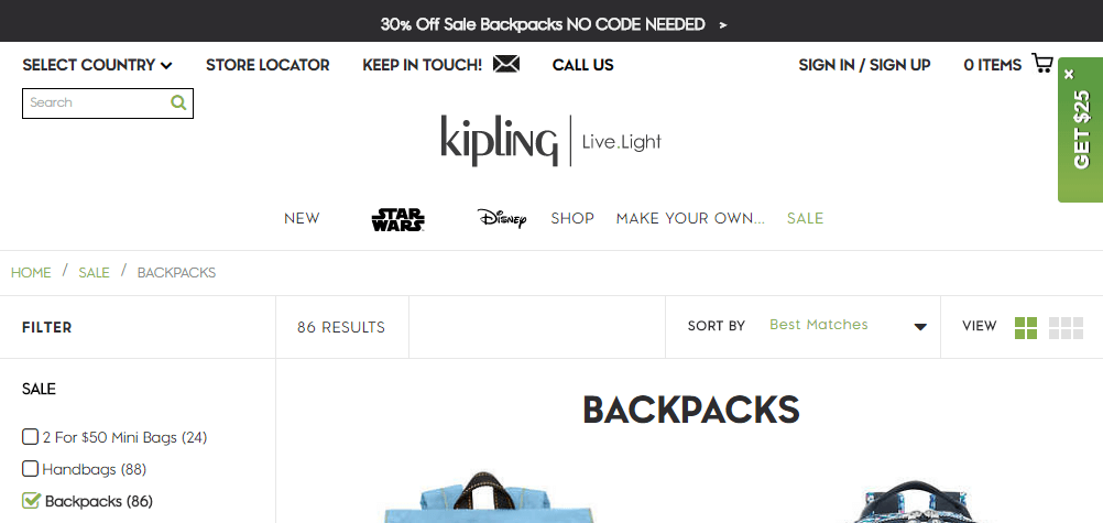 Kipling优惠码2018 折扣区背包额外7折促销另有mini包袋2件$50