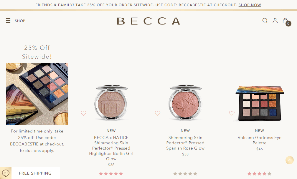 BECCA优惠码2018 亲友特卖会全场正价商品7.5折促销美国免邮