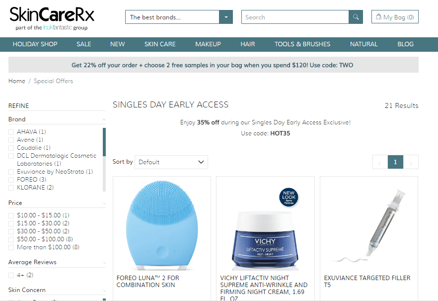 SkinCareRx优惠码2018 双十一精选美妆护肤6.5折促销满额免邮