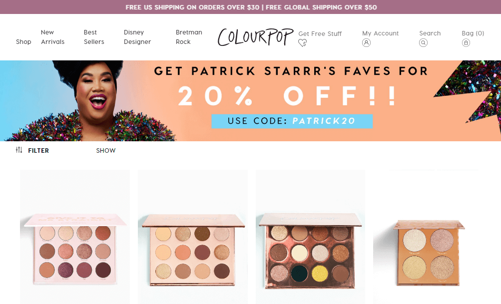 Colourpop优惠码2018 精选派大星推荐彩妆额外8折促销满额免邮