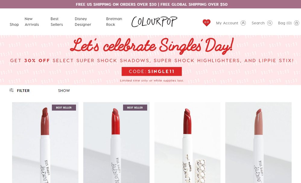 Colourpop优惠码2018 双十一精选彩妆额外7折促销满额免邮