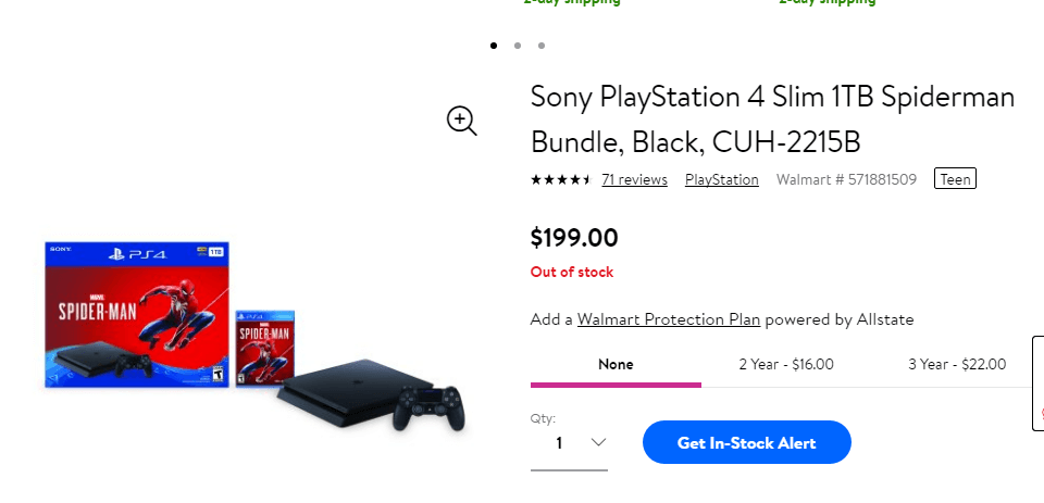 Walmart沃尔玛优惠码2018 PS4 Slim 1TB《漫威蜘蛛侠》同捆黑五价9.99(原价9.99)