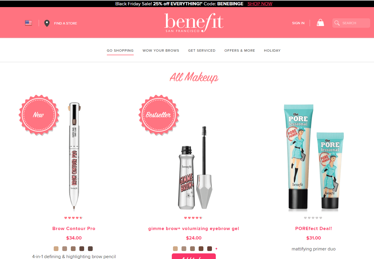 Benefit Cosmetics优惠码2018 黑五全场无门槛75折促销满额免邮
