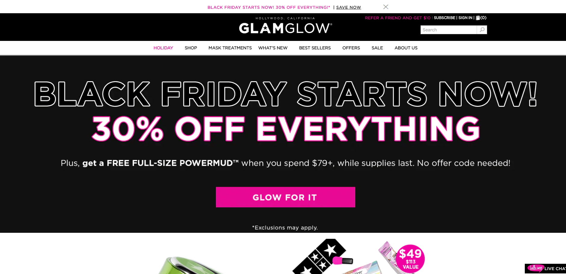 Glam Glow优惠码2018 黑五全场美妆护肤额外7折促销满$79送正装绿罐面膜，比买一送一划算