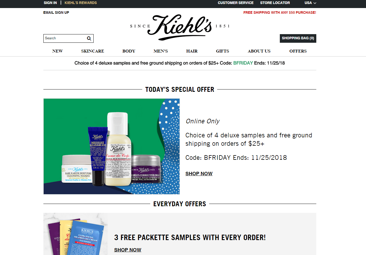 Kiehl’s科颜氏优惠码2018 黑五满立减小升级满就包邮+送赠品