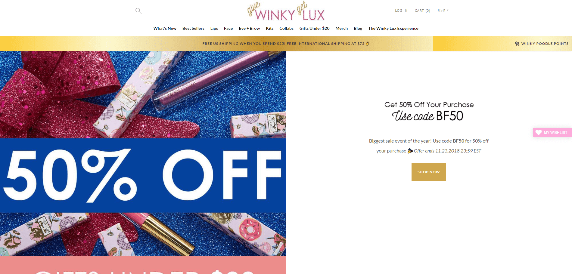 Winky Lux优惠码2018 黑五大促全场满$40享五折优惠！