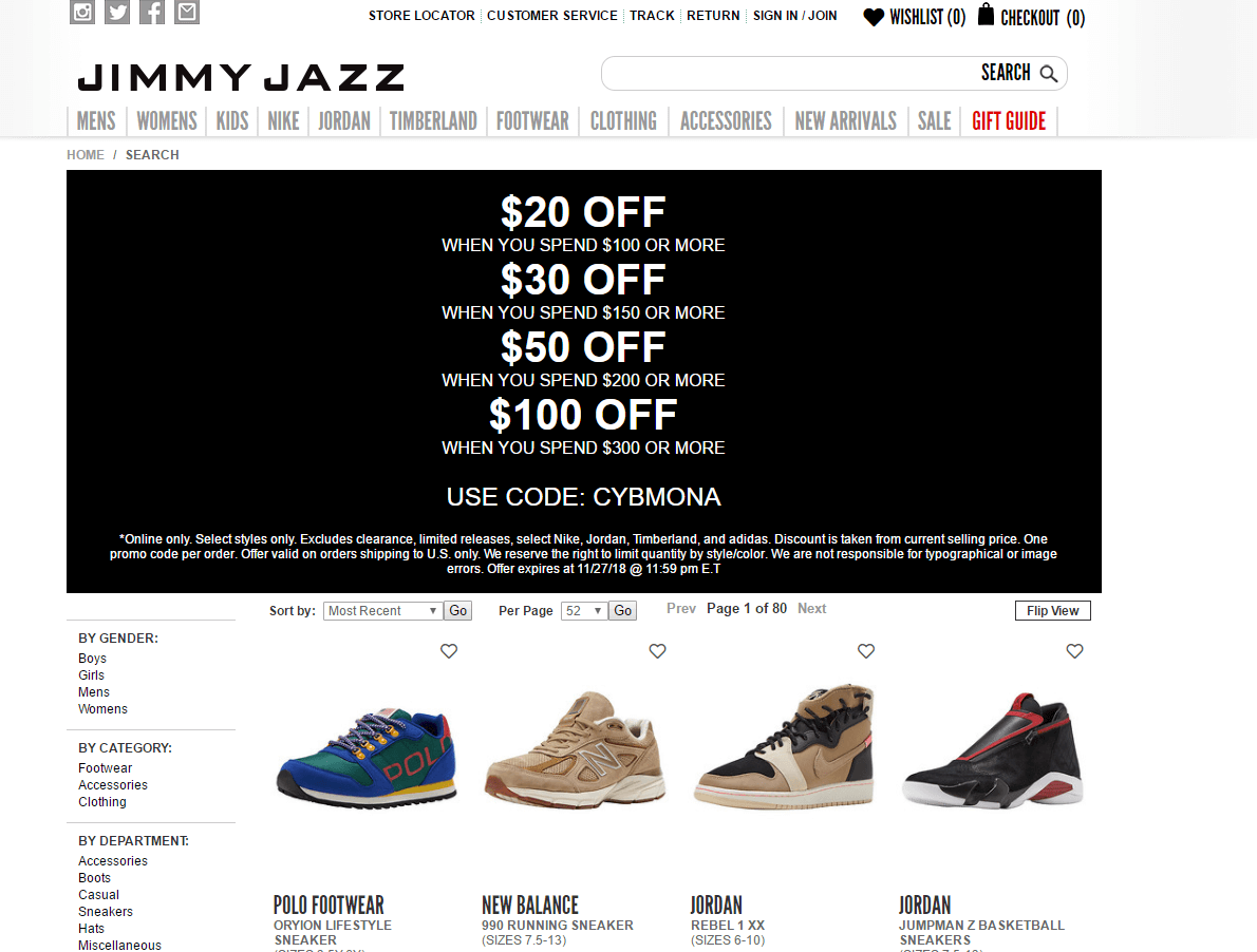 Jimmy Jazz折扣码20 网一精选Adidas、nike等大牌鞋服满额最高减0促销美国运费.95
