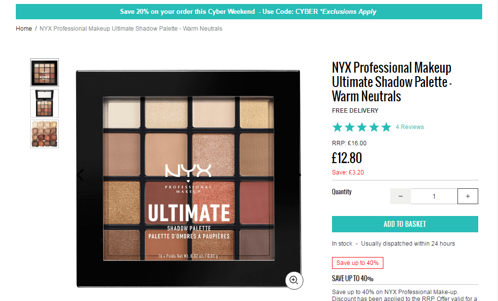 Lookfantastic折扣码018 线上8折+额外8.5折！NYX专业16色眼影盘Warm Neutrals色折后£10.88（约98元）-图片1