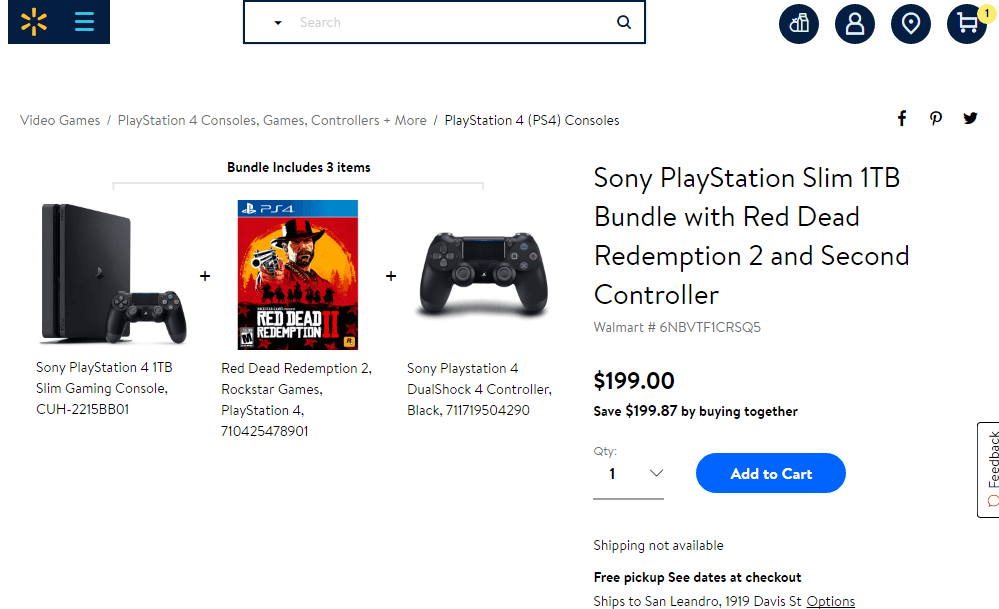 Walmart沃尔玛优惠码2018 PS4 Slim 1TB + 荒野大镖客2 + 额外手柄网一 仅9-图片2