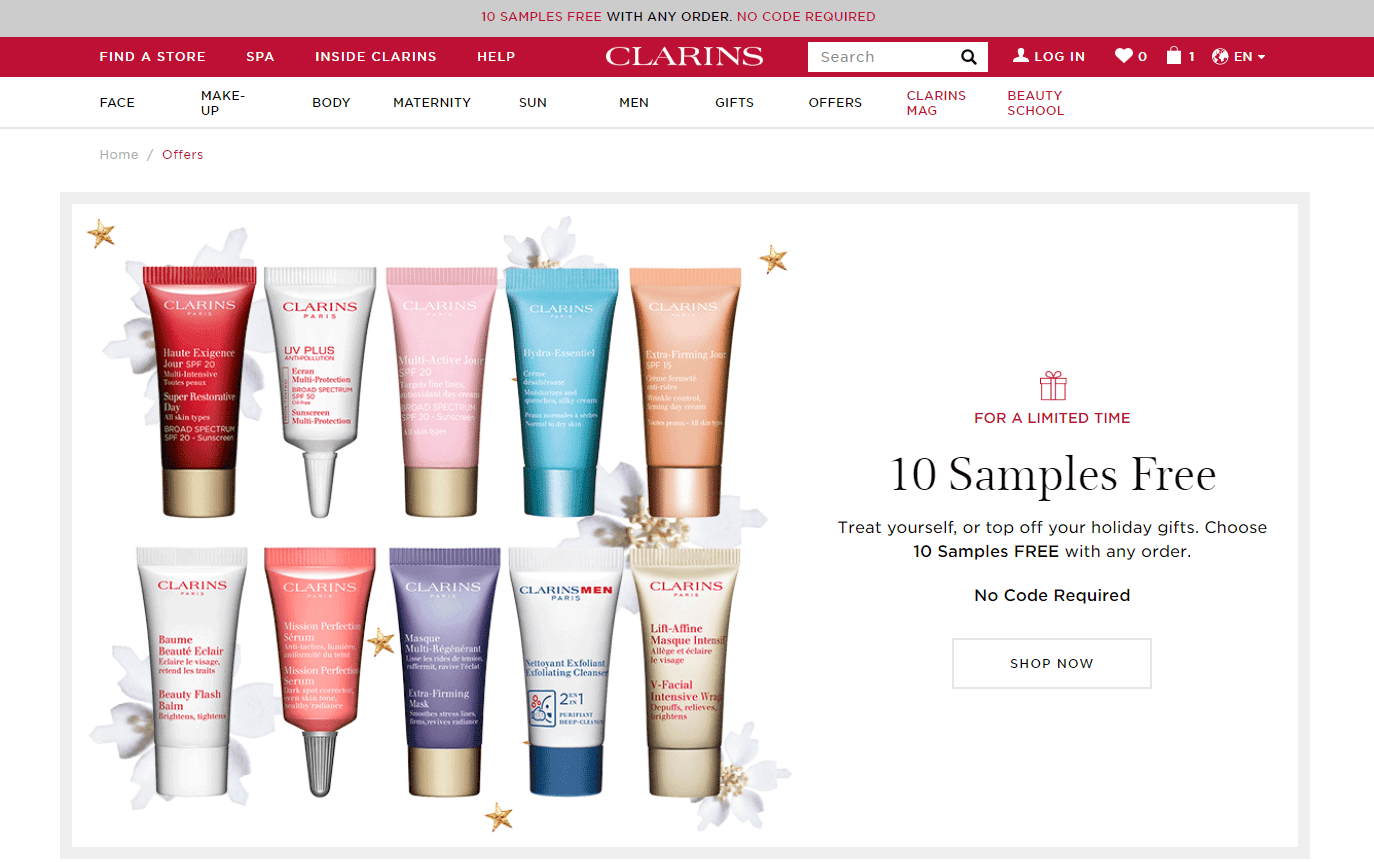 Clarins优惠码2018 全场无门槛送10件小样 撸羊毛