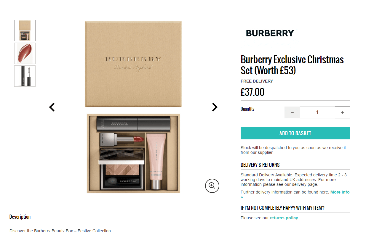 lookfantastic折扣码2018 Burberry独家限定圣诞套装8.5折£31.45（约280元）