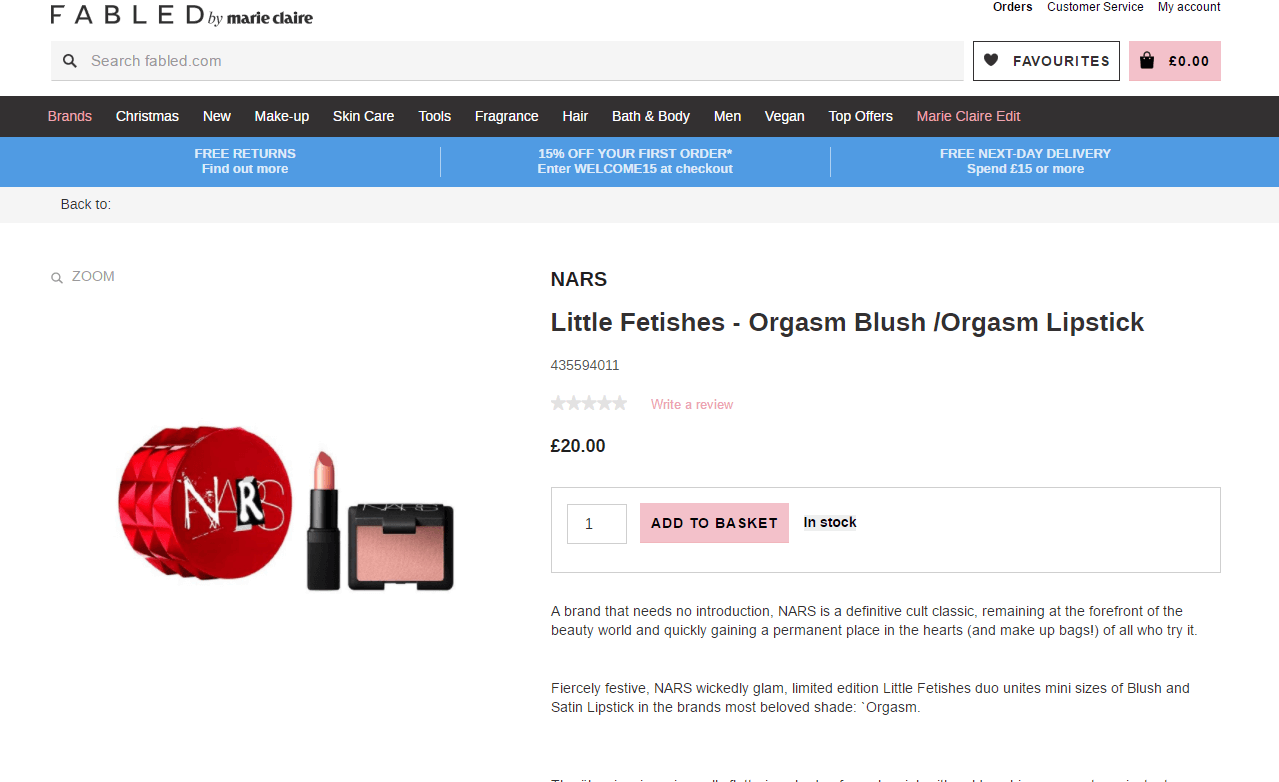 Fabled优惠码2018 NARS Orgasm高潮系列腮红唇膏圣诞限量套装新人8.5折后￡17（约151元）