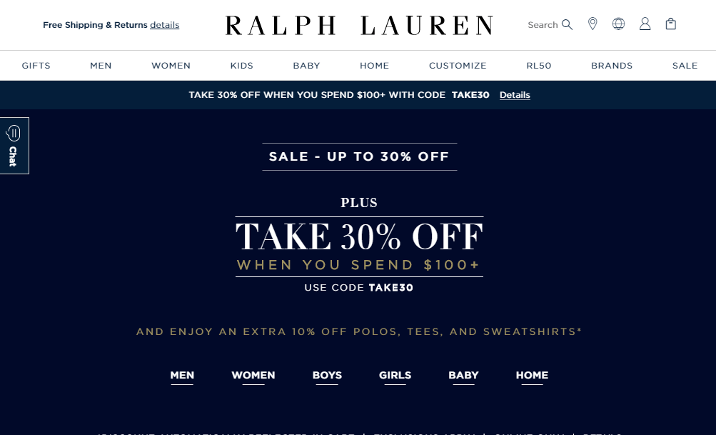 Ralph Lauren优惠码2018 精选满5额外6折继续毛衣、Polo等额外再9折