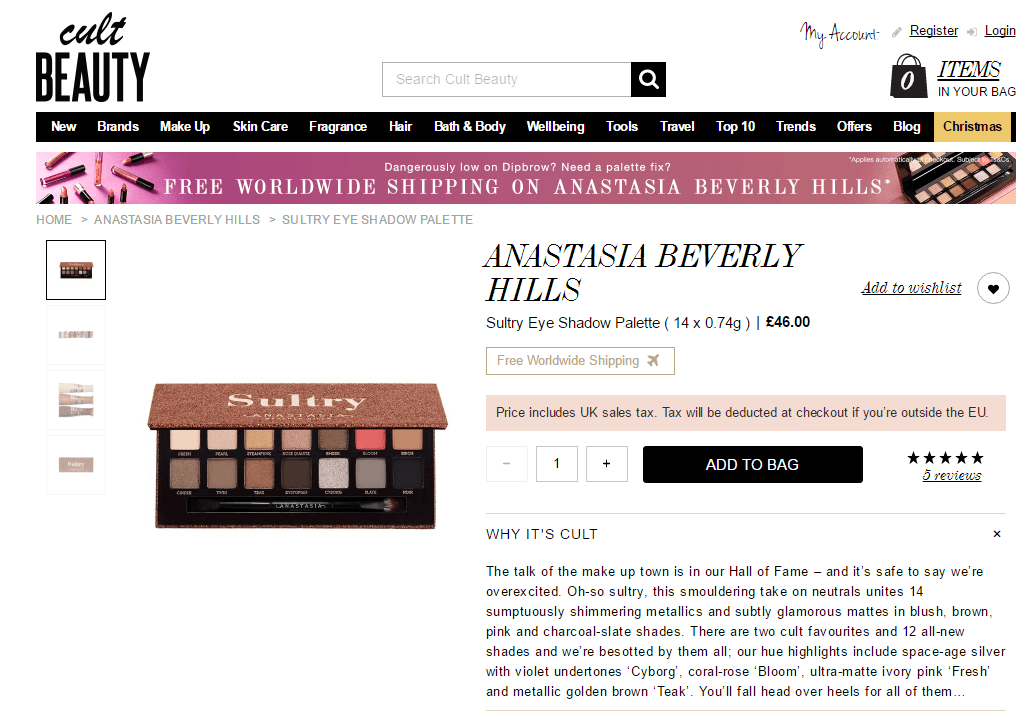 CULT beauty折扣码2018 Anastasia Beverly Hills 18年节日眼影盘Sultry色8折退税后£30.67，还可叠加新人8.5折凑单直邮到手约232元-图片1