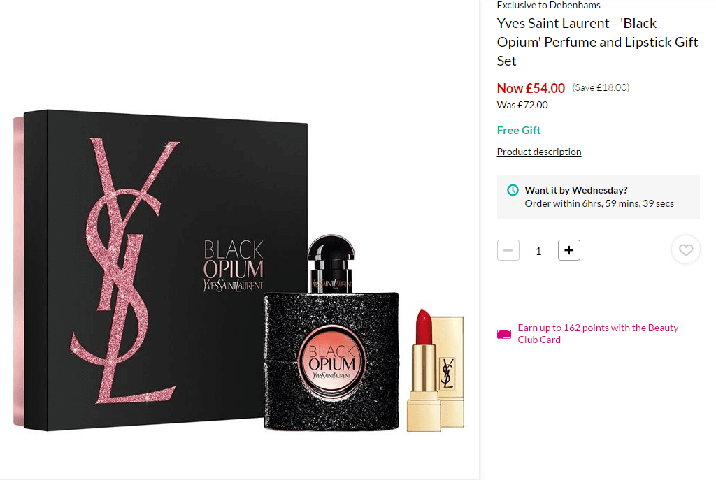 Debenhams折扣码2018 YSL圣罗兰黑鸦片香水唇膏套装7.5折£54（约468元）