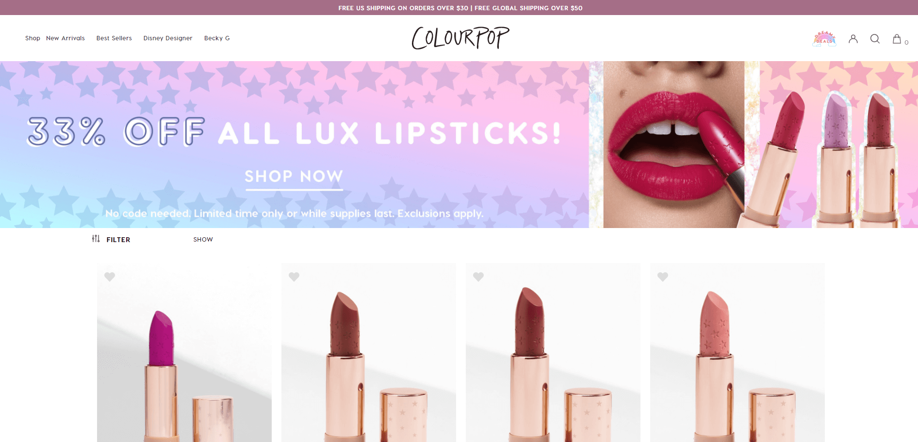 Colourpop优惠码2018 全场Lux星星唇膏额外67折促销满额免邮