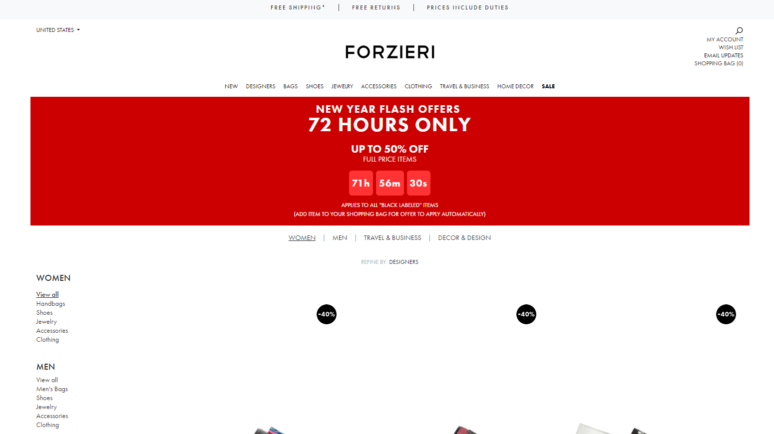Forzieri优惠码2018 福喜利官网年终大促正价商品低至5折+折扣区低至2折限时闪促