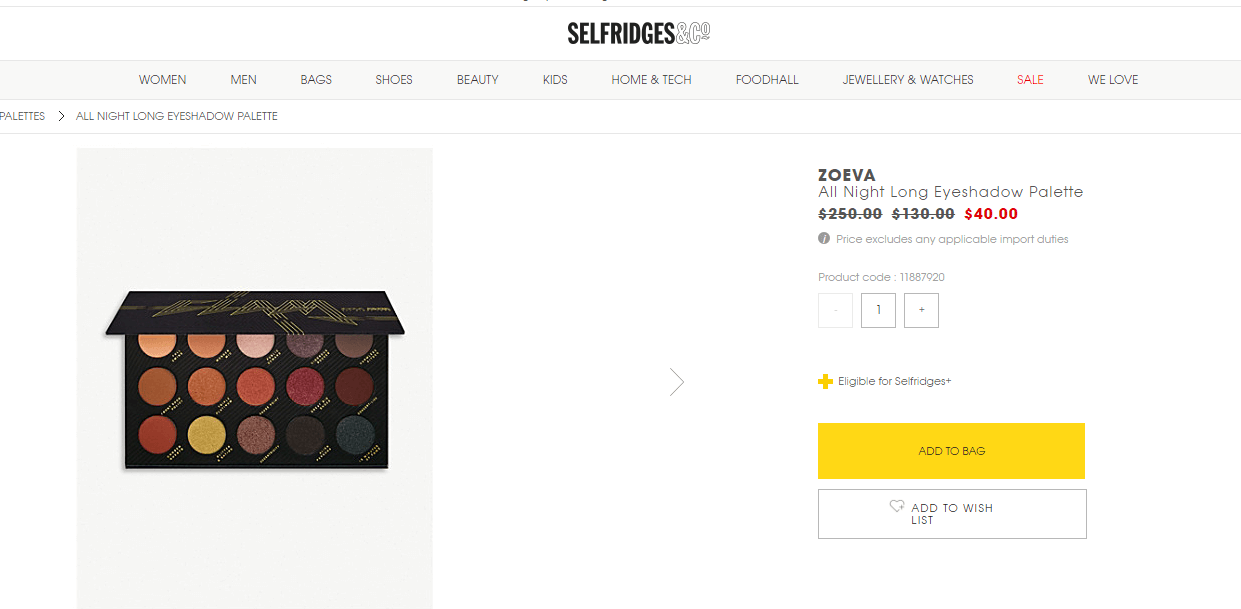 selfridges折扣码2018 新低！ZOEVA All Night Long 15色眼影盘直邮港澳40港币（￥37）
