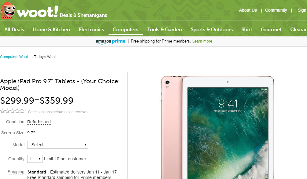 Woot优惠码2026 Apple iPad Pro 9.7寸平板32GB蜂窝网络版 翻新特价9.99