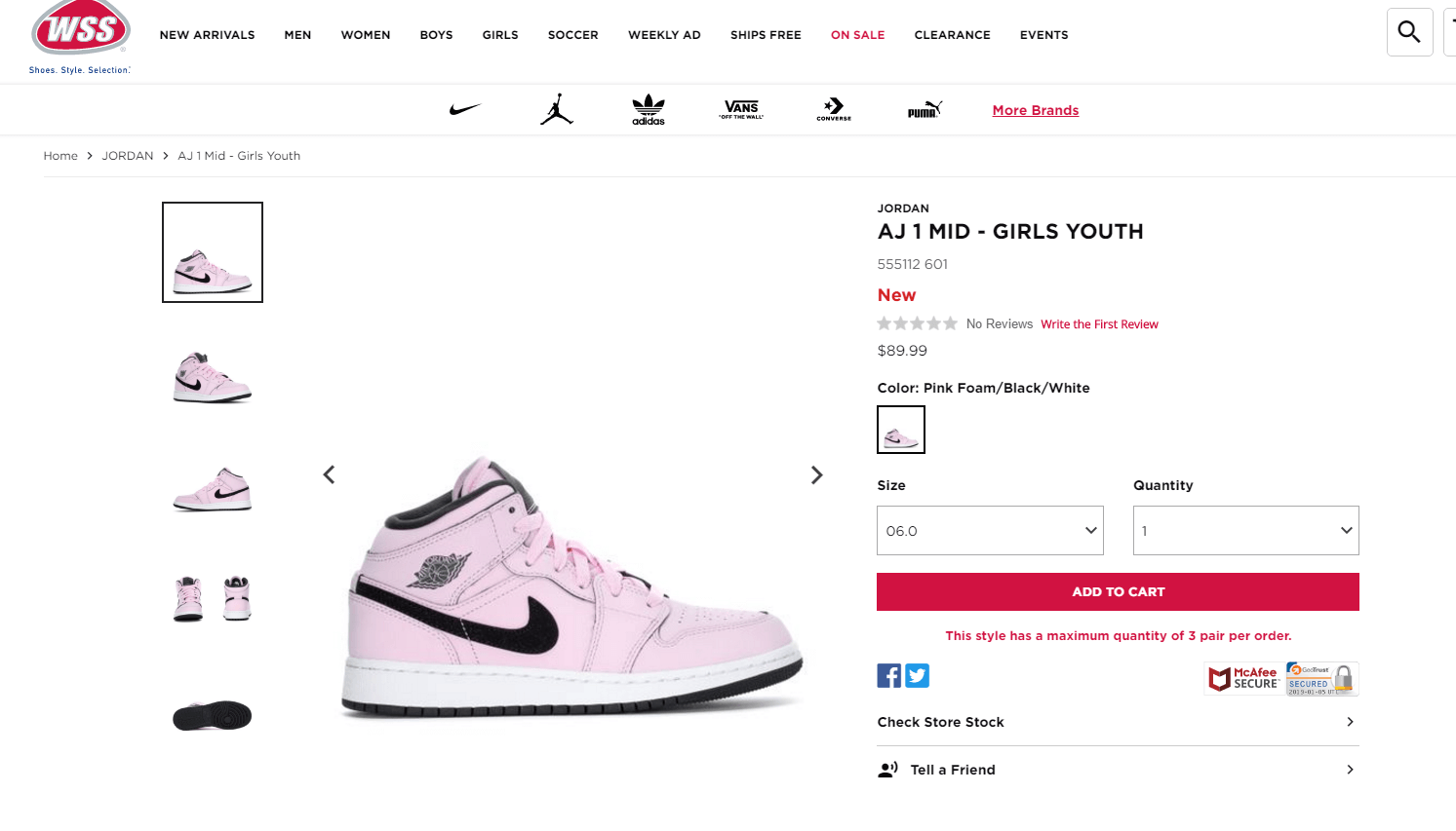 Shopwss优惠码2026 AIR JORDAN 1 MID GS AJ1樱花粉 大童款售价.99转运到手约720元-图片3