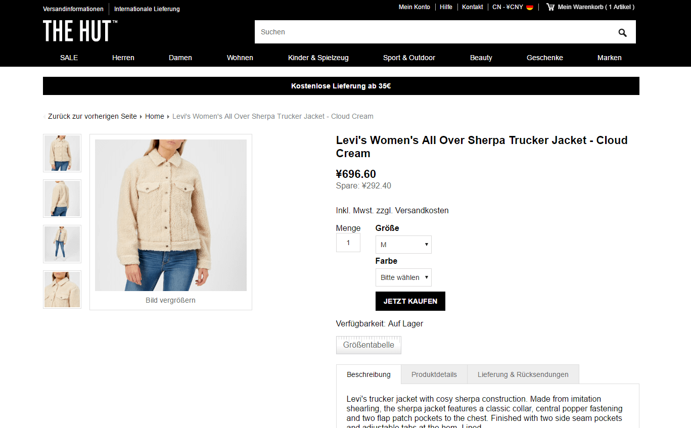 THE HUT折扣码2026 宋茜同款 Levi's 李维斯女士羊羔绒夹克7折直邮到手¥696.6