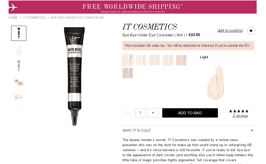 Cult Beauty折扣码2026 1支免邮国内 IT COSMETICS Bye Bye Under Eye眼部遮瑕新人用码退税实付£16.64（约147元）-图片1