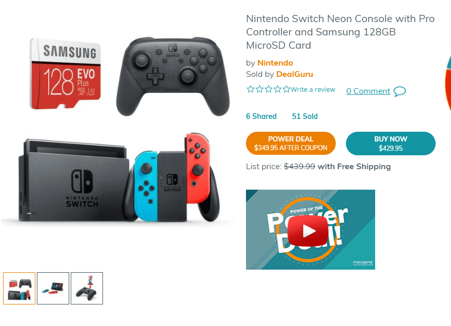 MassGenie优惠码2026 Nintendo Switch 主机 + Pro Controller 手柄 + 128GB microSD 存储卡 9.95 (原价9.99)