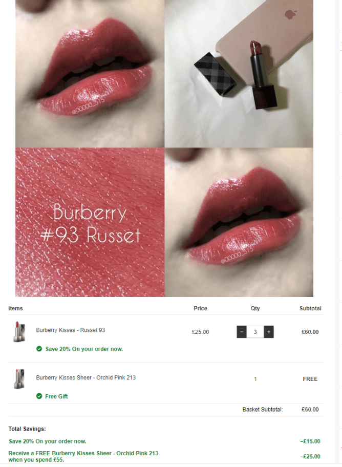 Lookfantastic折扣码2026 满额加赠正装唇膏！Burberry巴宝莉Kisses唇膏93号色8折£20（凑单直邮到手约175元）支持支付宝付款