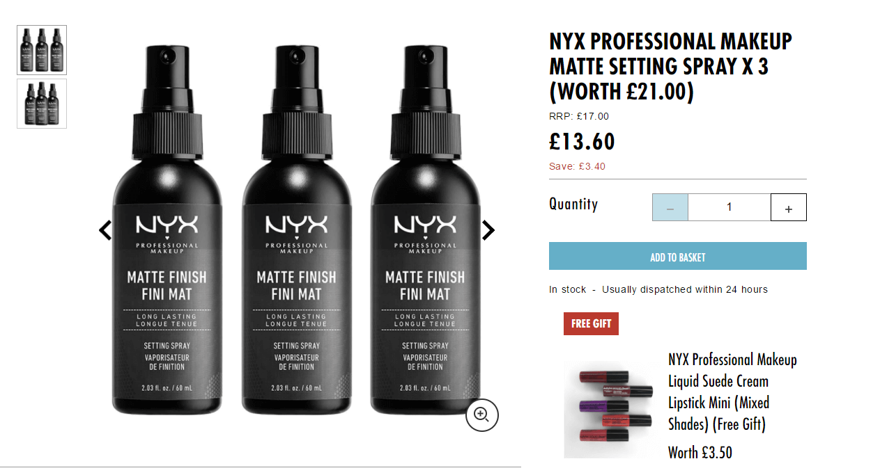 NYX持久定妆喷雾 雾面款 60ml*3折后价£13.6（约122元）支持支付宝付款 直邮国内