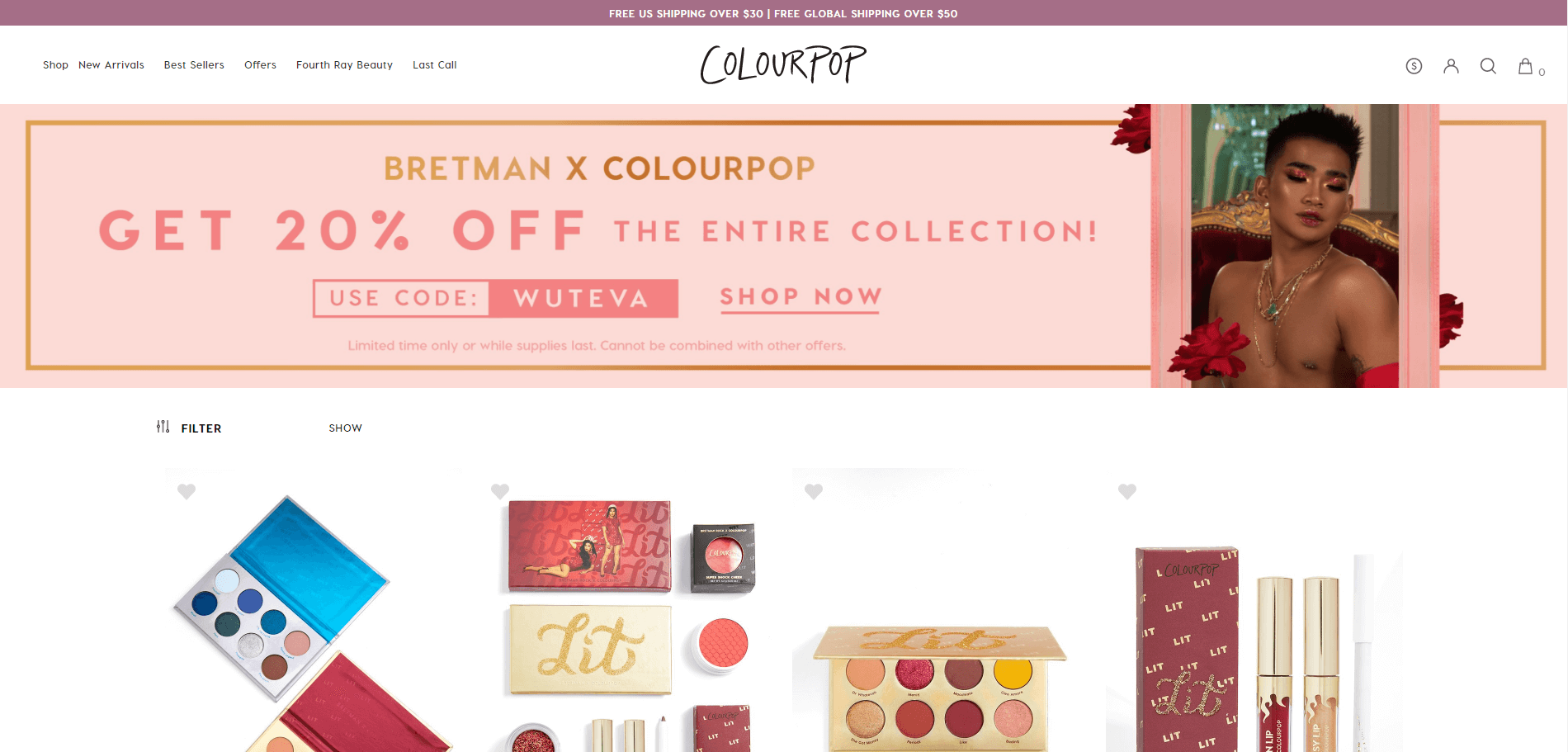 Colourpop优惠码2026 卡拉泡泡美国官网精选BRETMAN合作系列彩妆额外8折促销满额包邮