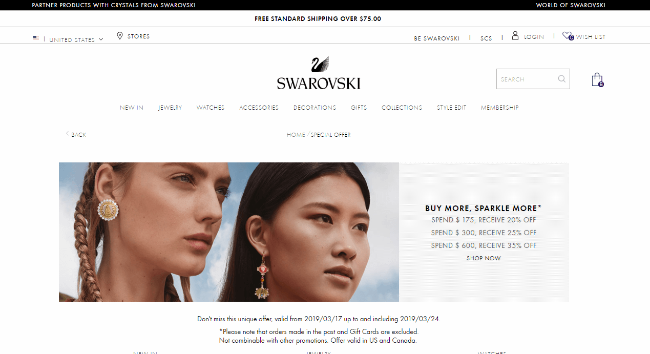 Swarovski优惠码2026 施华洛世奇美国官网全场饰品最高满额65折促销满额免邮