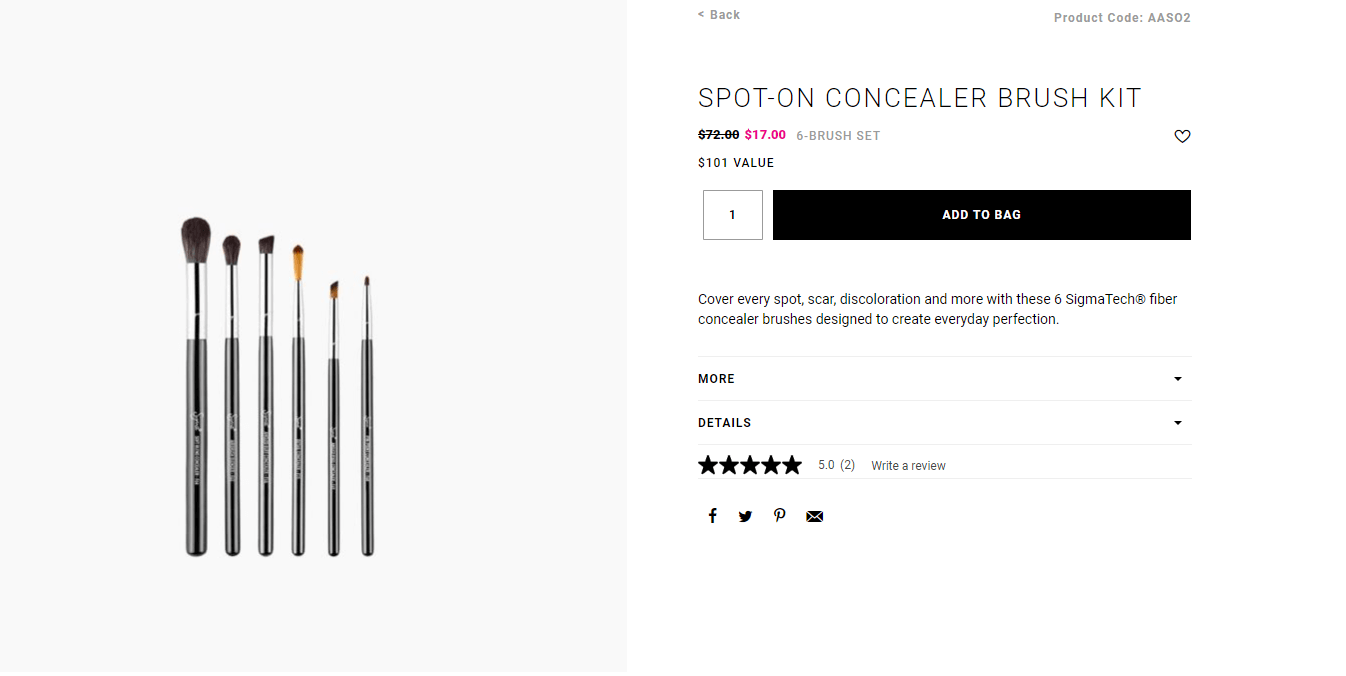 Sigma优惠码2026 SIGMA SPOT-ON CONCEALER KIT遮瑕六件套刷2.3折