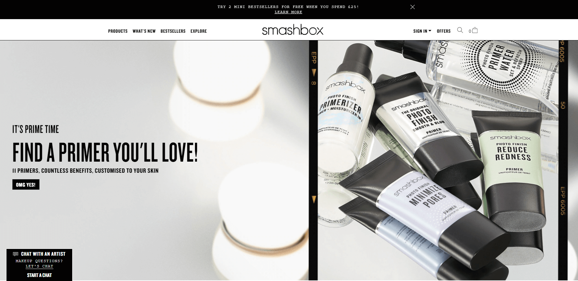 Smashbox折扣码2026 满£25赠畅销睫毛膏妆前乳迷你装需转运