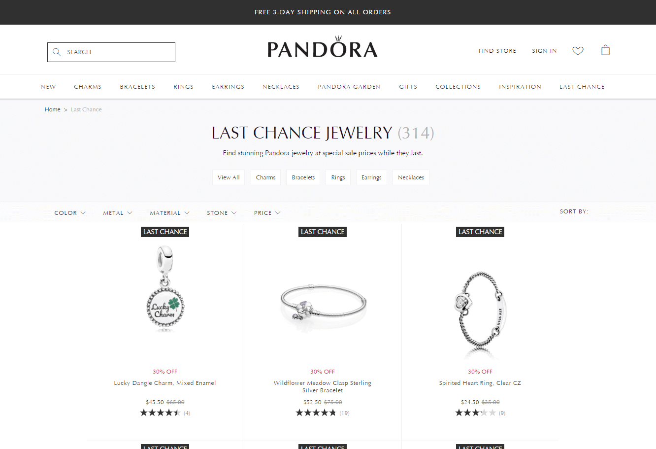PANDORA优惠码2026 潘多拉珠宝美国官网现有现有清仓区全部饰品7折促销美国包邮