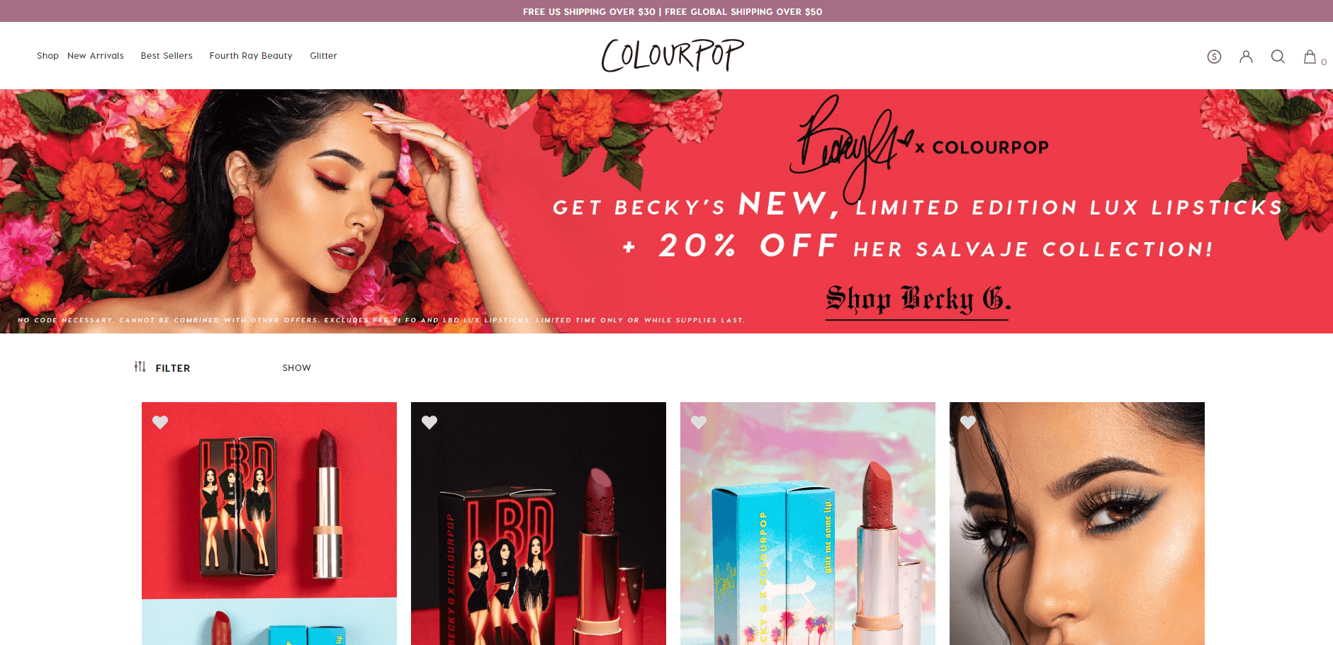 Colourpop优惠码2026 Colourpop x Becky G合作系列额外8折部分单品不参加