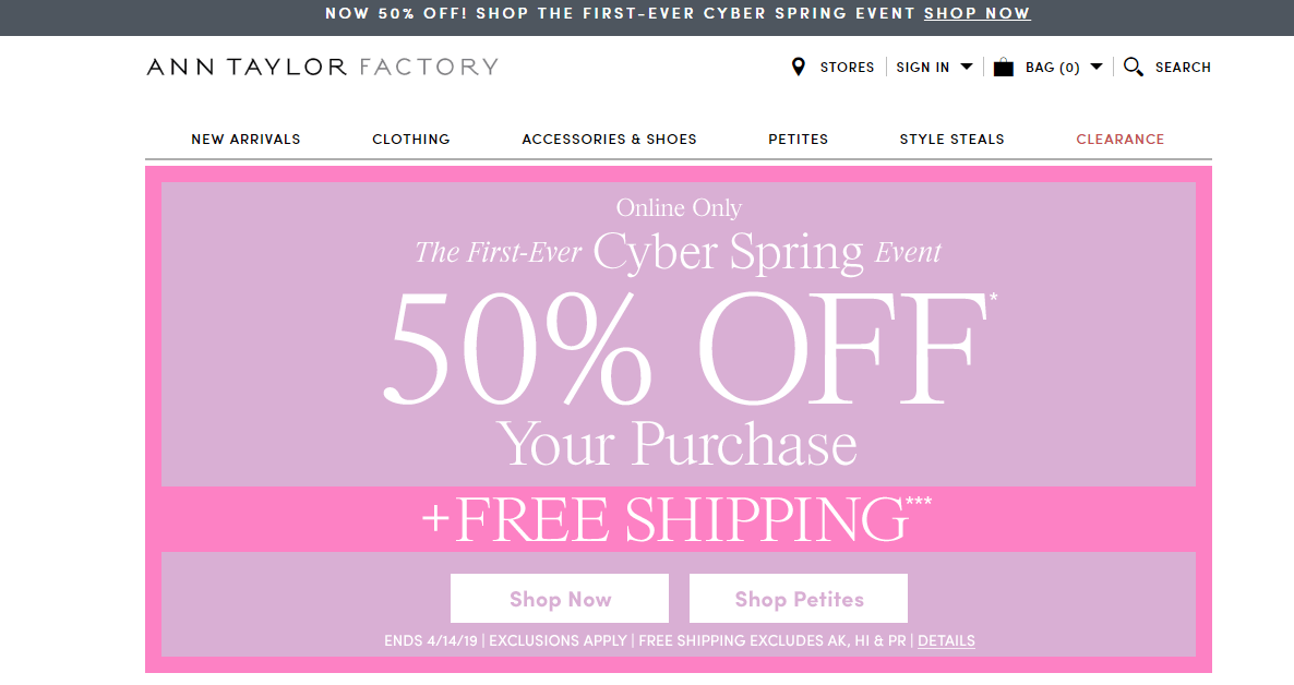 Ann Taylor Factory优惠码2026 全场服饰鞋履5折+满4件额外9折美国免邮