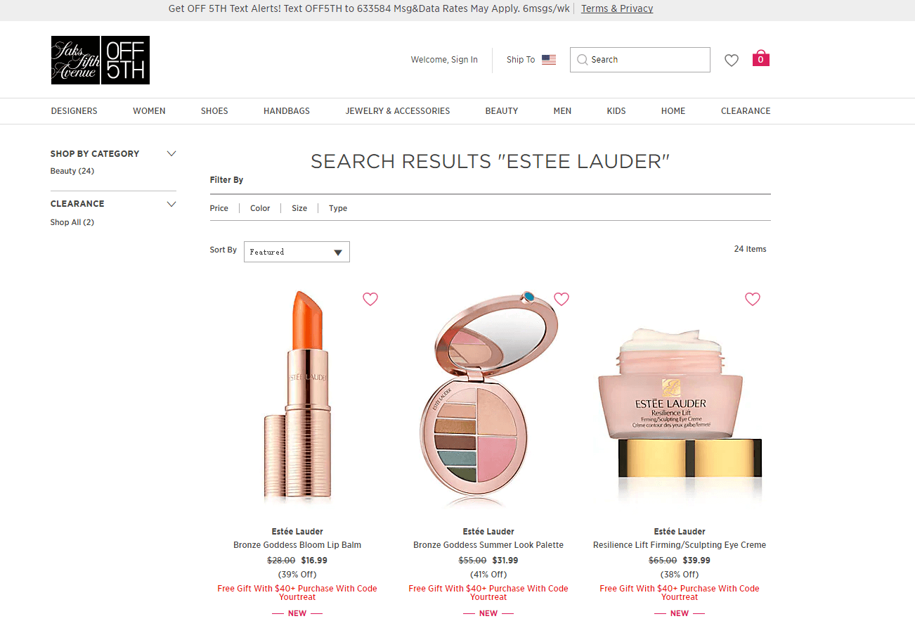 Saks Off 5th优惠码2026 多款Estée Lauder 雅诗兰黛美妆护肤低至6折促销满额免邮