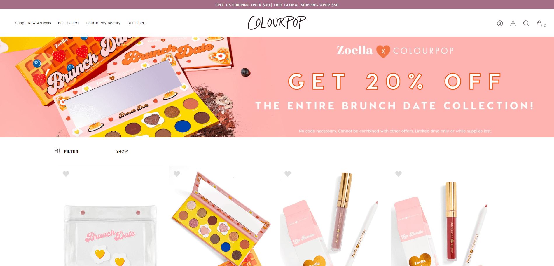 ColourPop优惠码2026 卡拉泡泡 X Zoella合作系列彩妆额外8折促销满额免邮