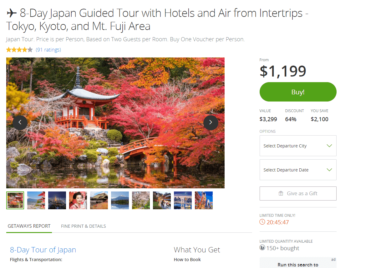 Groupon优惠码2026 日本东京+京都8天跟团旅行 游览富士山 +平安神宫等美国多地出发 99起