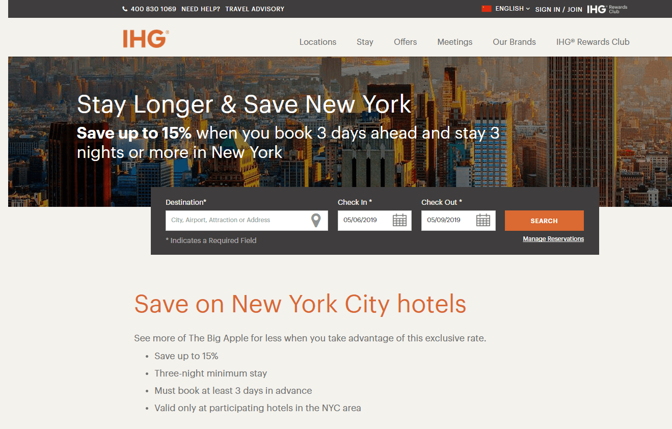 ihg洲际酒店优惠码 纽约地区洲际集团旗下酒店连住特惠 入住3晚 低至8.5折