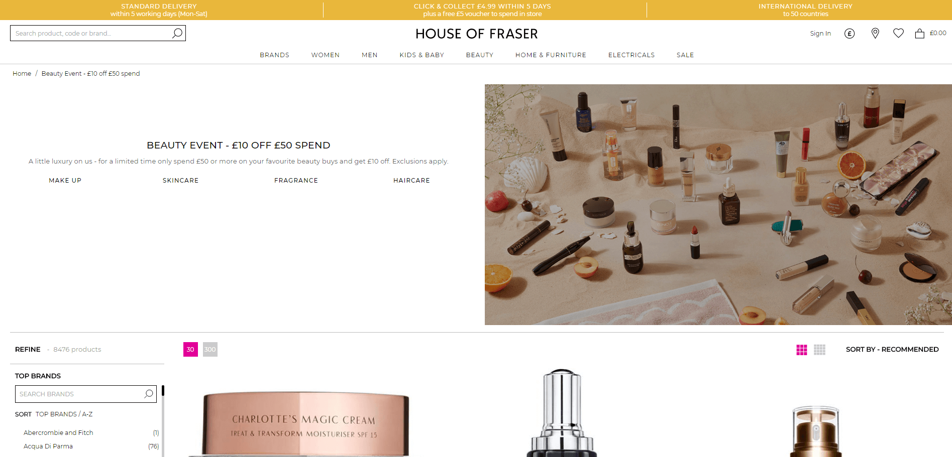 House of Fraser折扣码2026 全场美妆护肤满£50立减£10满额包邮